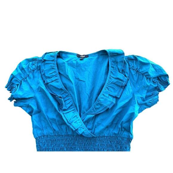 Selé Teal Blue High Rouched Waist Collared Blouse 97% Cotton 3% Spandex‎ Medium - Picture 3 of 8